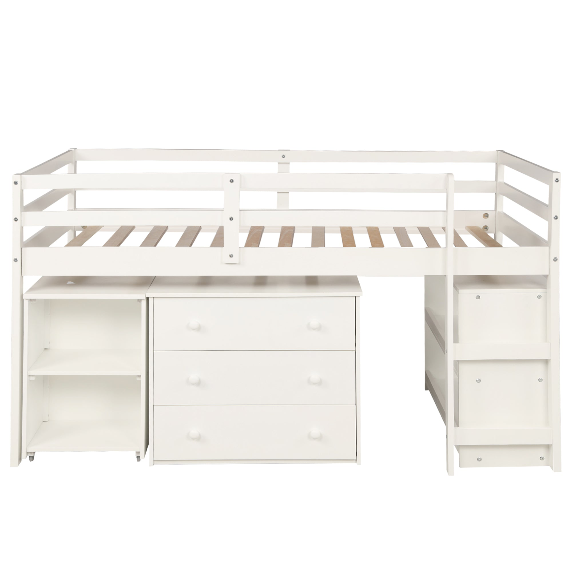 Twin size low loft bed by Start2Finish with solid wood frame, built-in cabinets, and rolling desk in a bedroom or study setting.