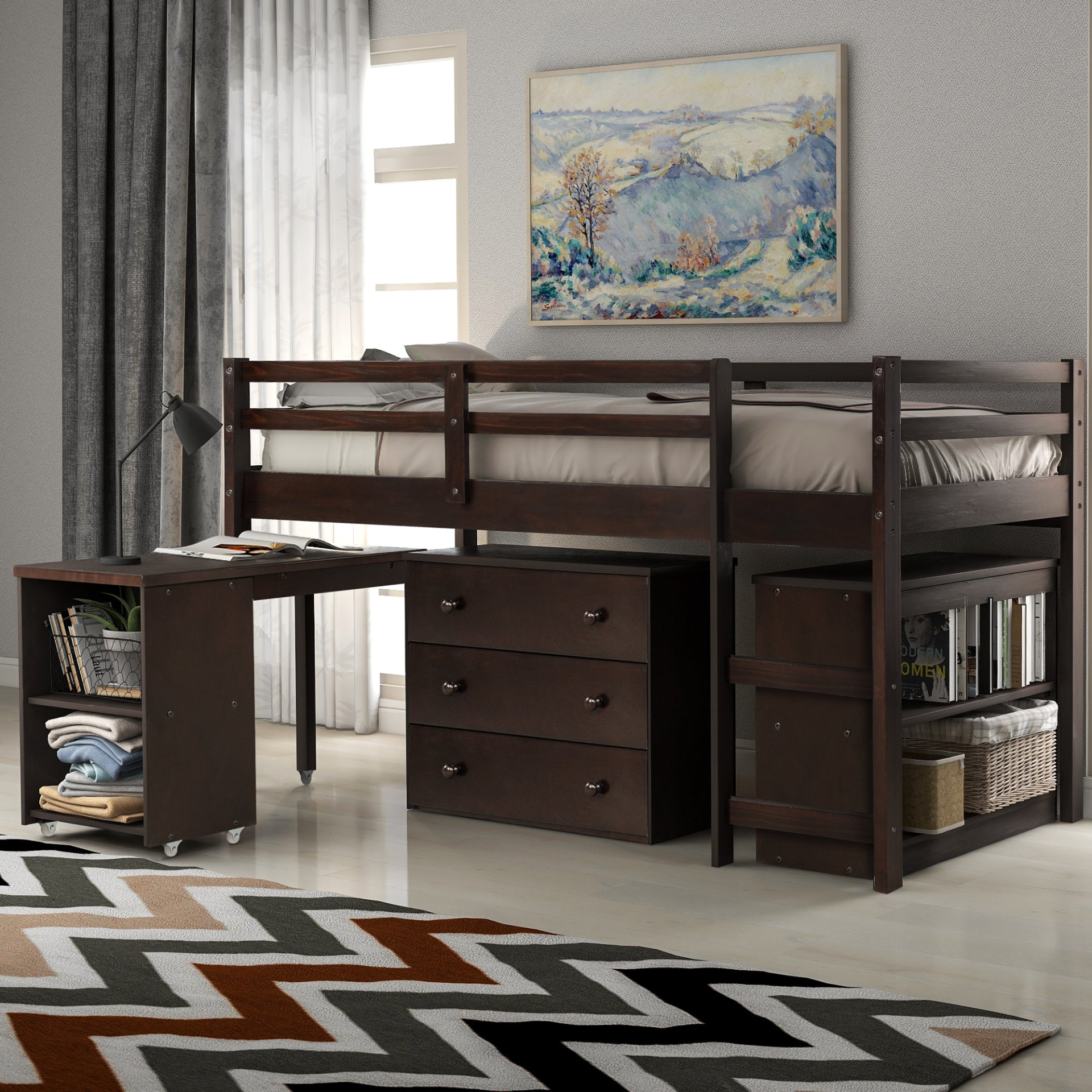 Twin size low loft bed by Start2Finish with solid wood frame, built-in cabinets, and rolling desk for bedroom or study space.