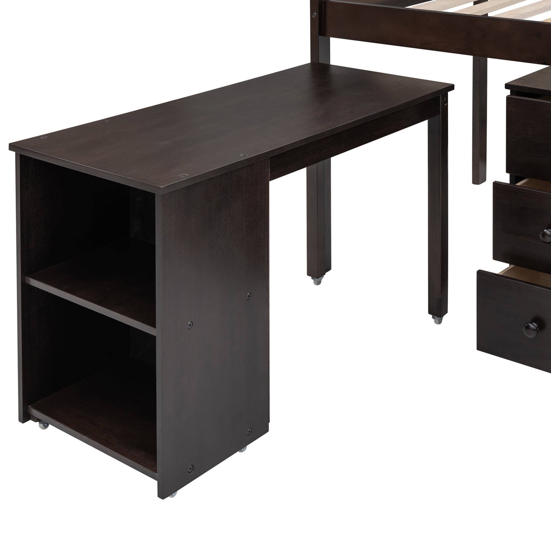 Twin size low loft bed by Start2Finish with solid wood construction, built-in cabinets, and rolling desk for bedroom or study space