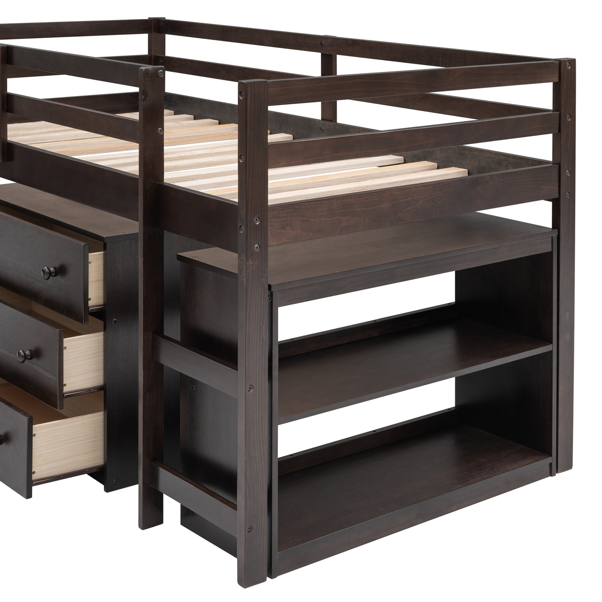 Twin size low loft bed from Start2Finish with solid wood frame, built-in cabinets, and rolling desk for bedroom or study space.