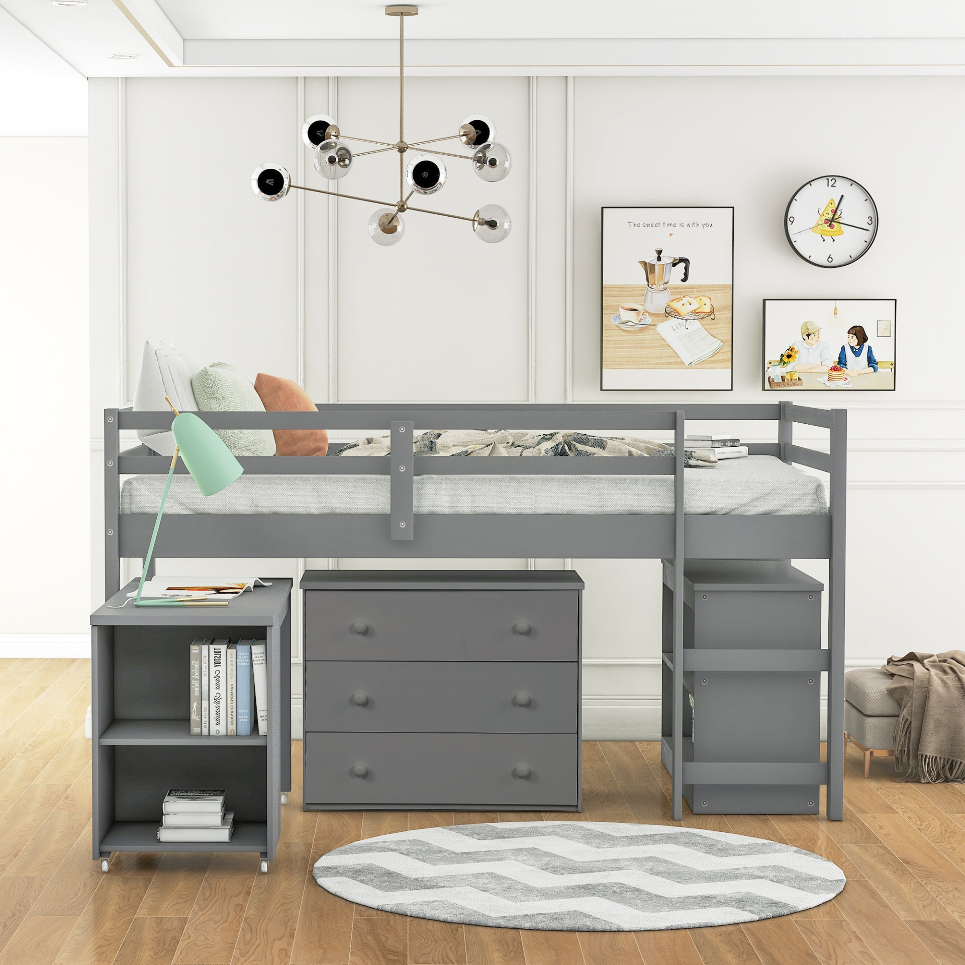 Twin size solid wood low loft bed with built-in cabinets and rolling desk, ideal for bedroom or study space by Start2Finish.