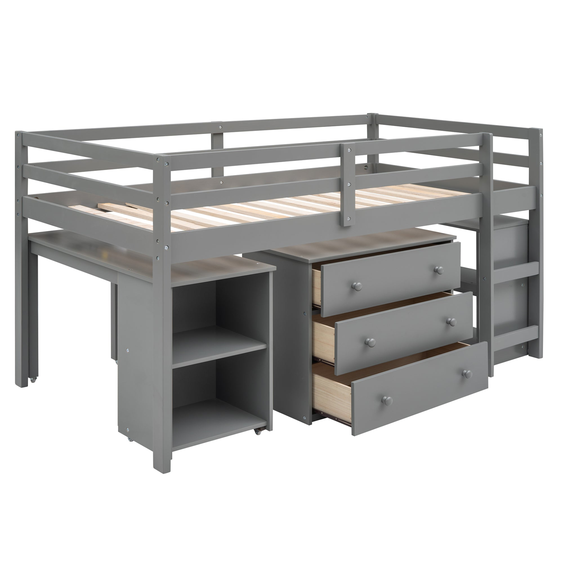 Twin size low loft bed by Start2Finish with solid wood frame, built-in cabinets, and rolling desk for bedroom or study space