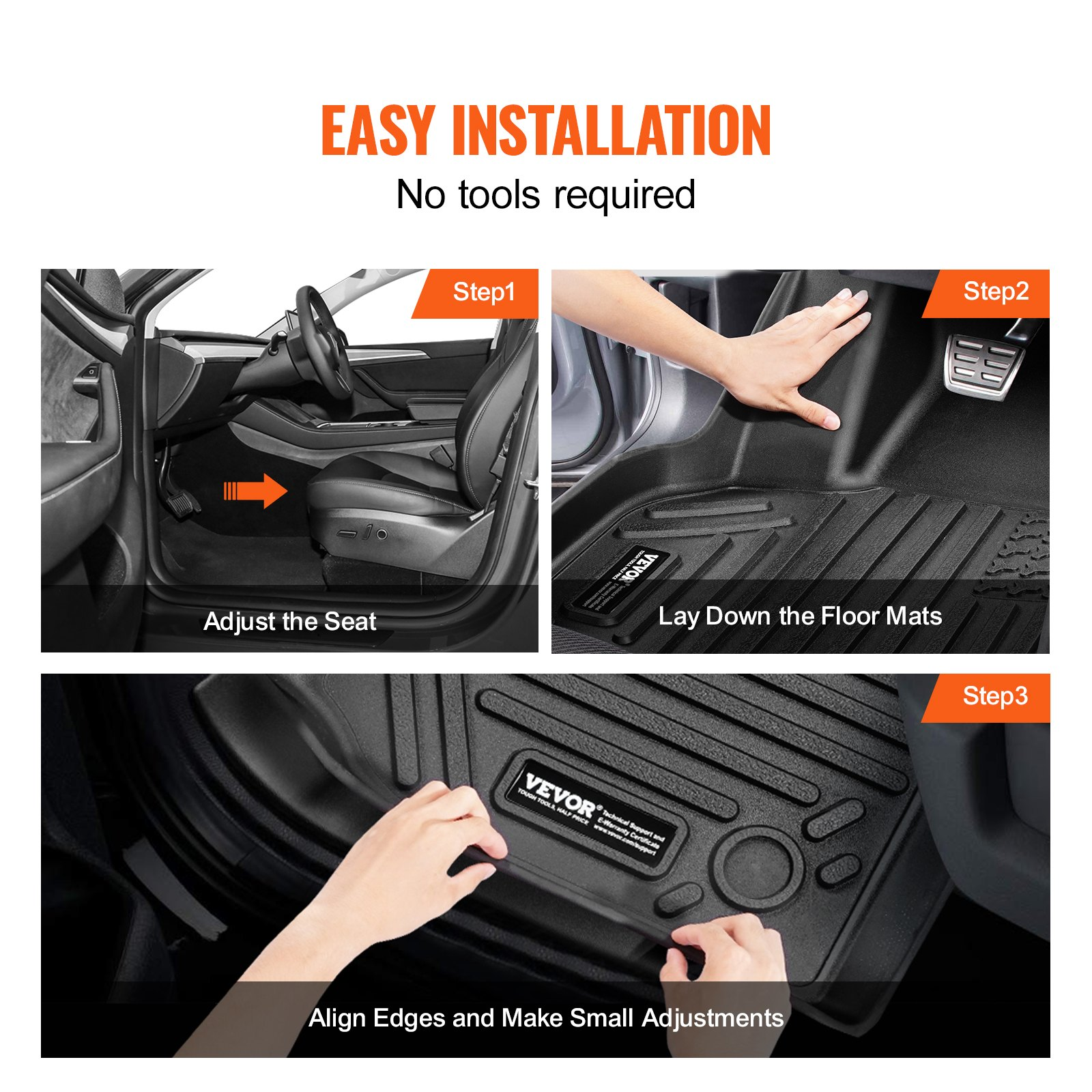 Start2Finish VEVOR Tesla Model Y automotive floor mats, 3-piece all-weather TPE liners for front and second row in black.