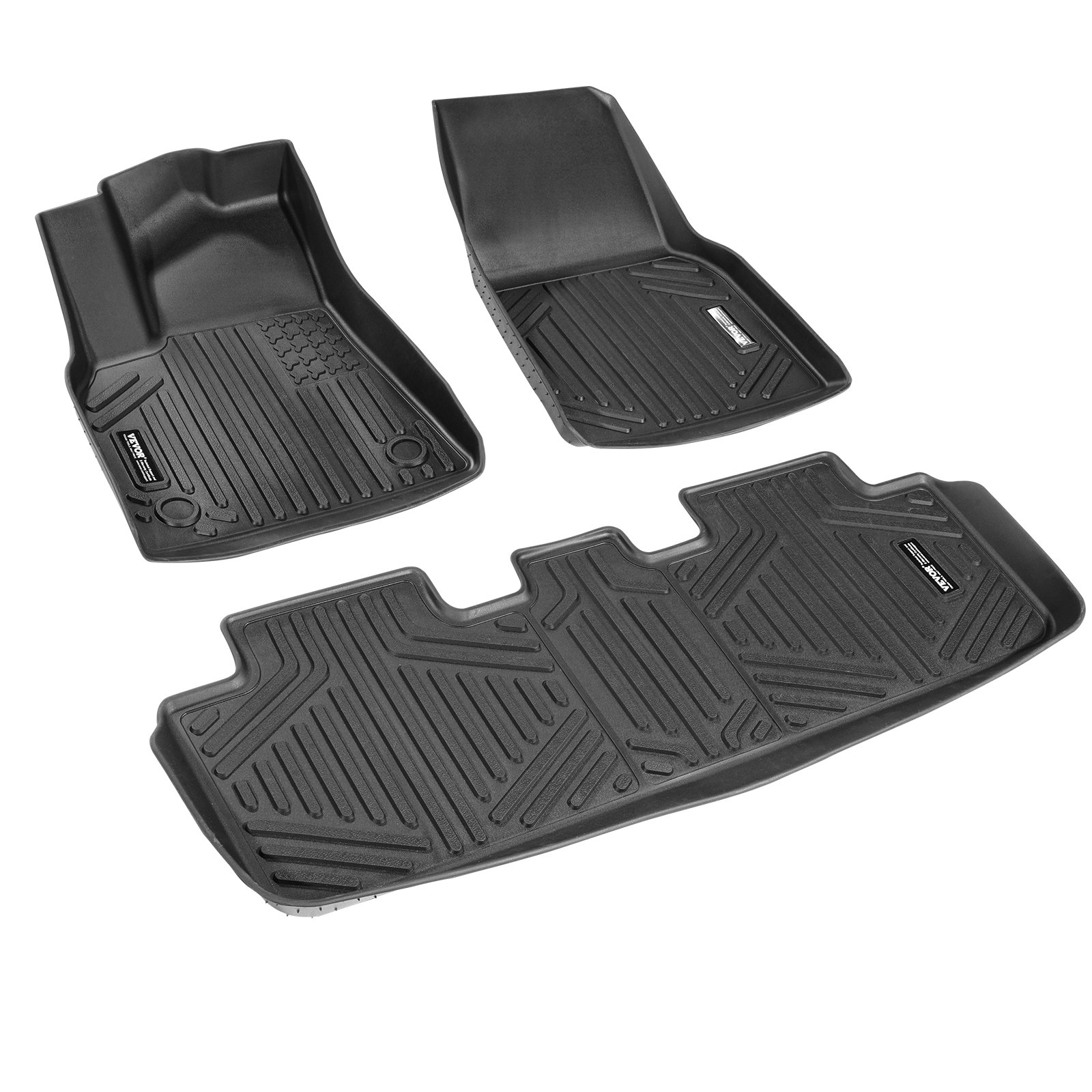 Start2Finish VEVOR Tesla Model Y automotive floor mats, all-weather black TPE liners for front and rear SUV floors.