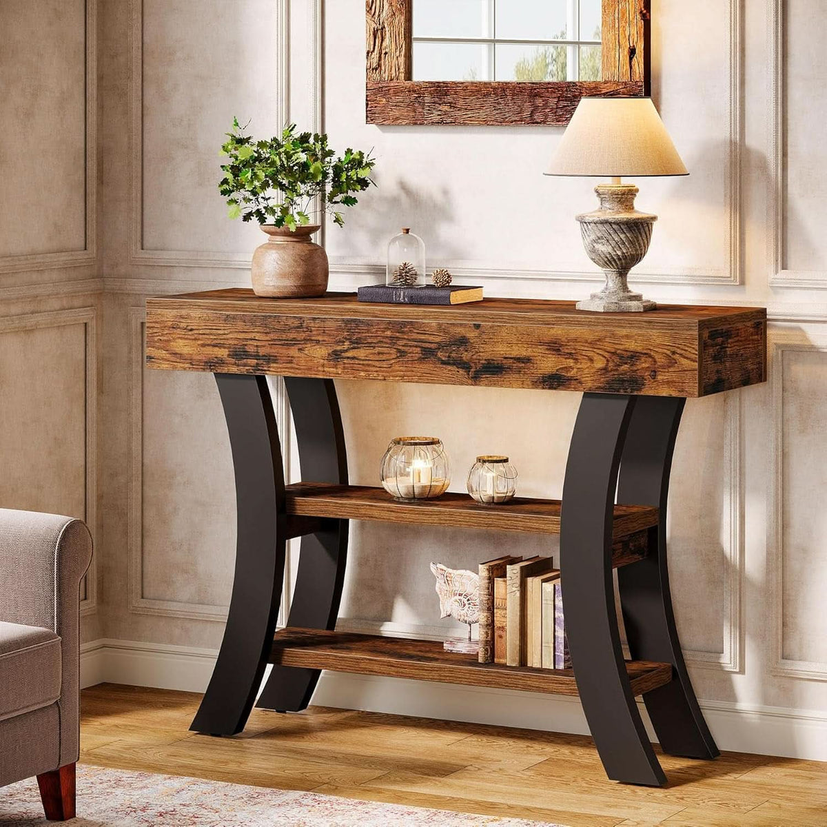 41 Inch Rustic Brown Console Table Curved Frame Shelves
