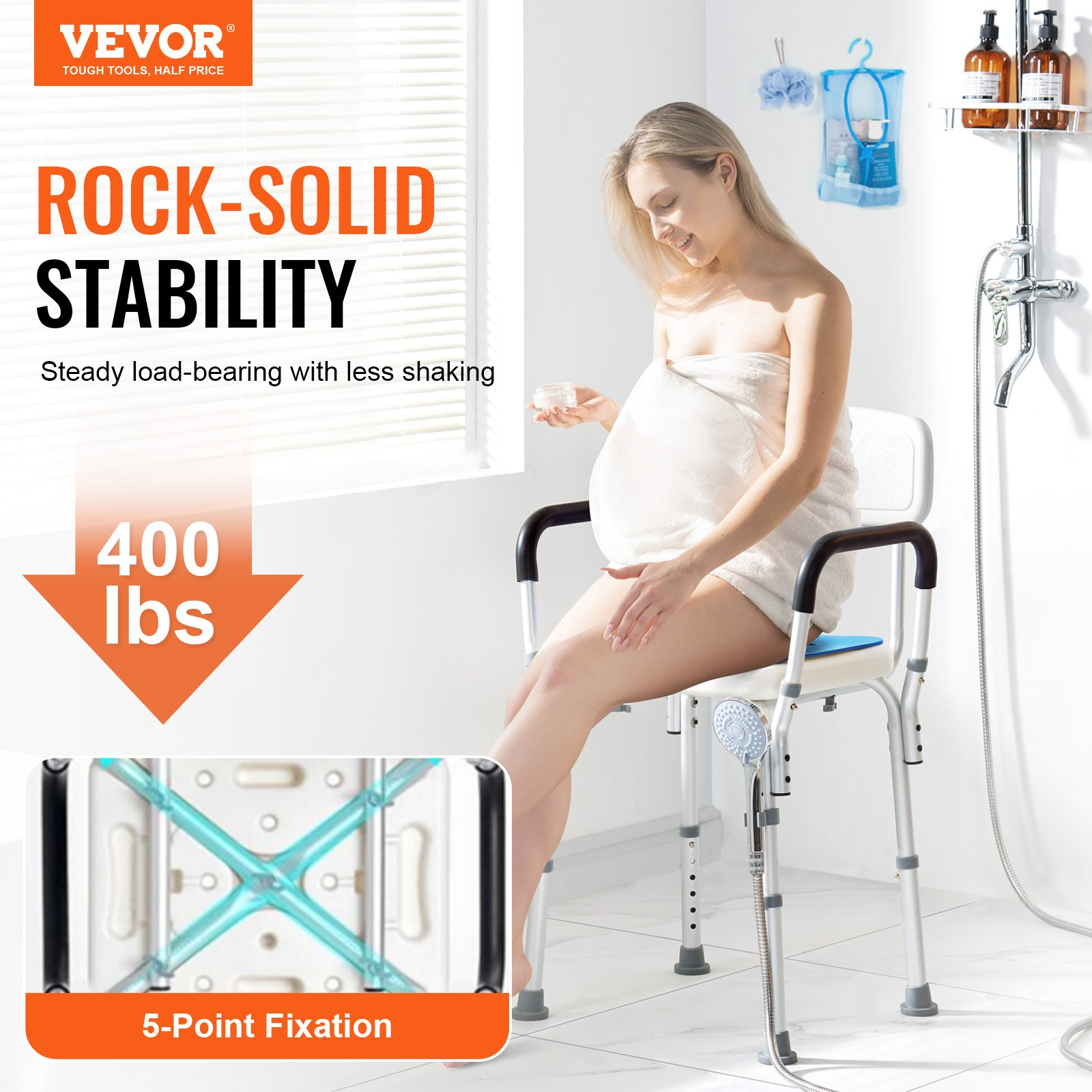 Start2Finish shower chair with back, adjustable height, non-slip legs, suitable for elderly or disabled, supports up to 400 lbs.