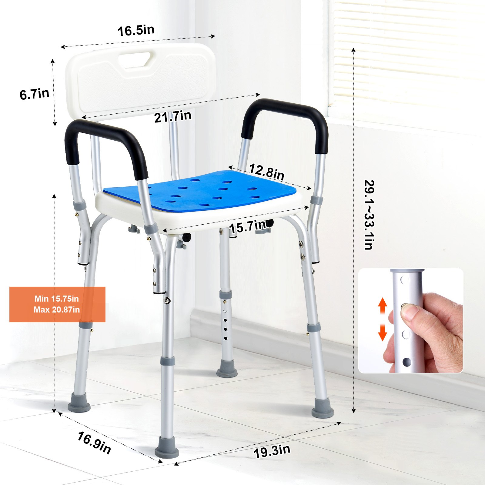 Start2Finish shower chair with back, adjustable height, non-slip bath bench for elderly or disabled, supports up to 400 lbs.