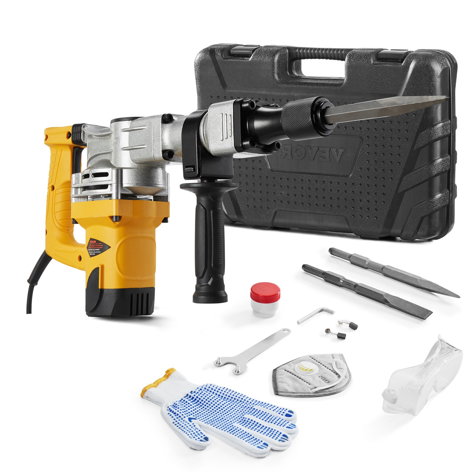 Start2Finish VEVOR 1400W electric demolition jack hammer with chisels, gloves, goggles, and storage case for concrete breaking and demolition.