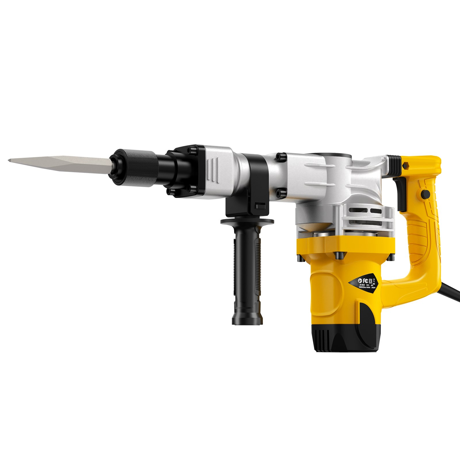 Start2Finish VEVOR Demolition Jack Hammer with 1400W power, chisel attachments, storage case, gloves, and goggles for concrete breaking.
