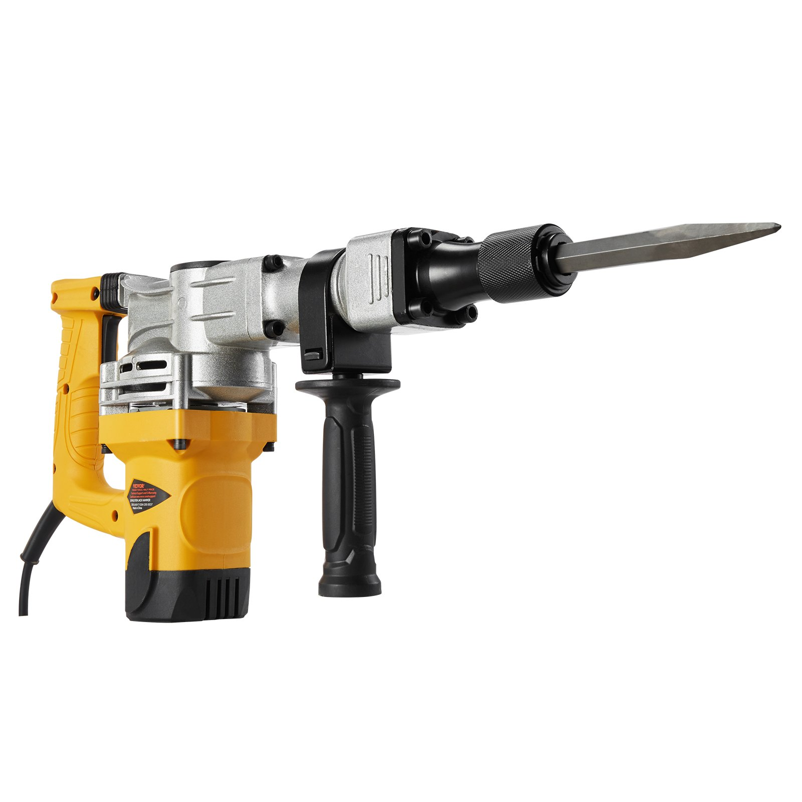 Start2Finish VEVOR 1400W electric demolition jack hammer with point and flat chisels, storage case, gloves, and goggles.