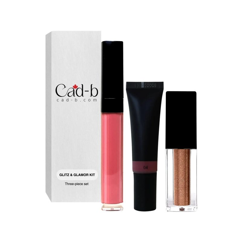 Start2Finish Glitz & Glamor Makeup Set with vegan lip oil, liquid blush, and shimmer in sleek packaging.