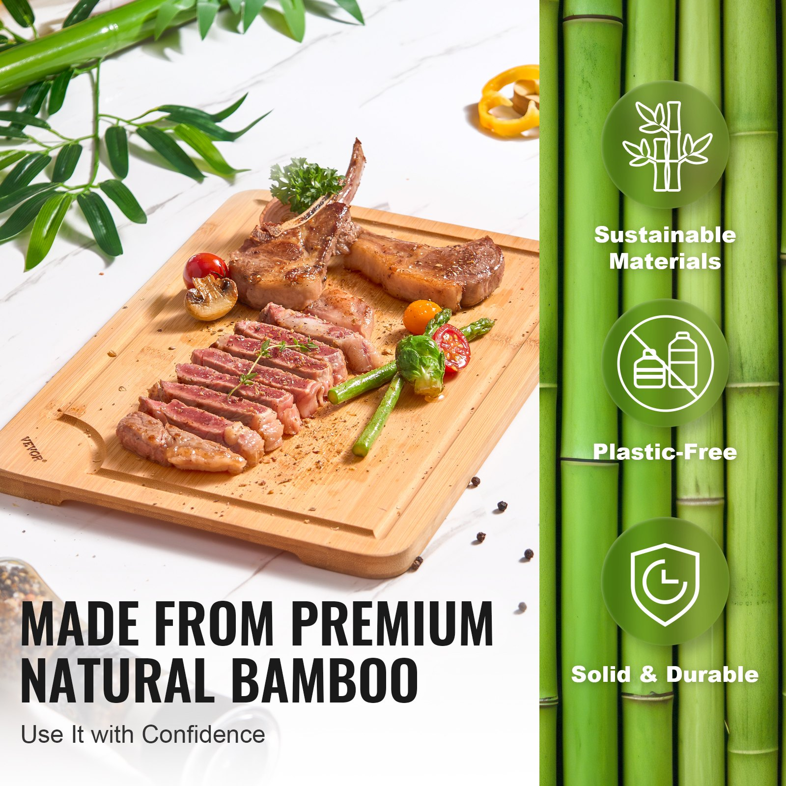 Set of three Start2Finish bamboo cutting boards with juice groove, built-in handle, suitable for chopping, serving, and display.