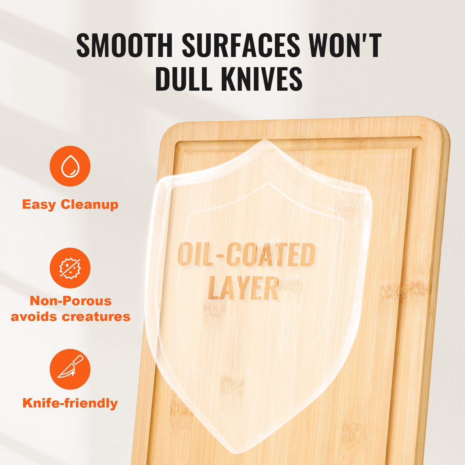 Set of three bamboo cutting boards with juice grooves, built-in handles, and food-grade oil finish for chopping, serving, and display.