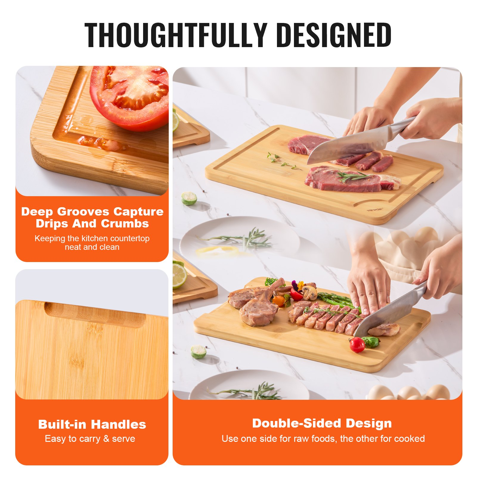 Set of three Start2Finish bamboo cutting boards with juice grooves, built-in handles, food-grade oil finish, suitable for chopping and serving.