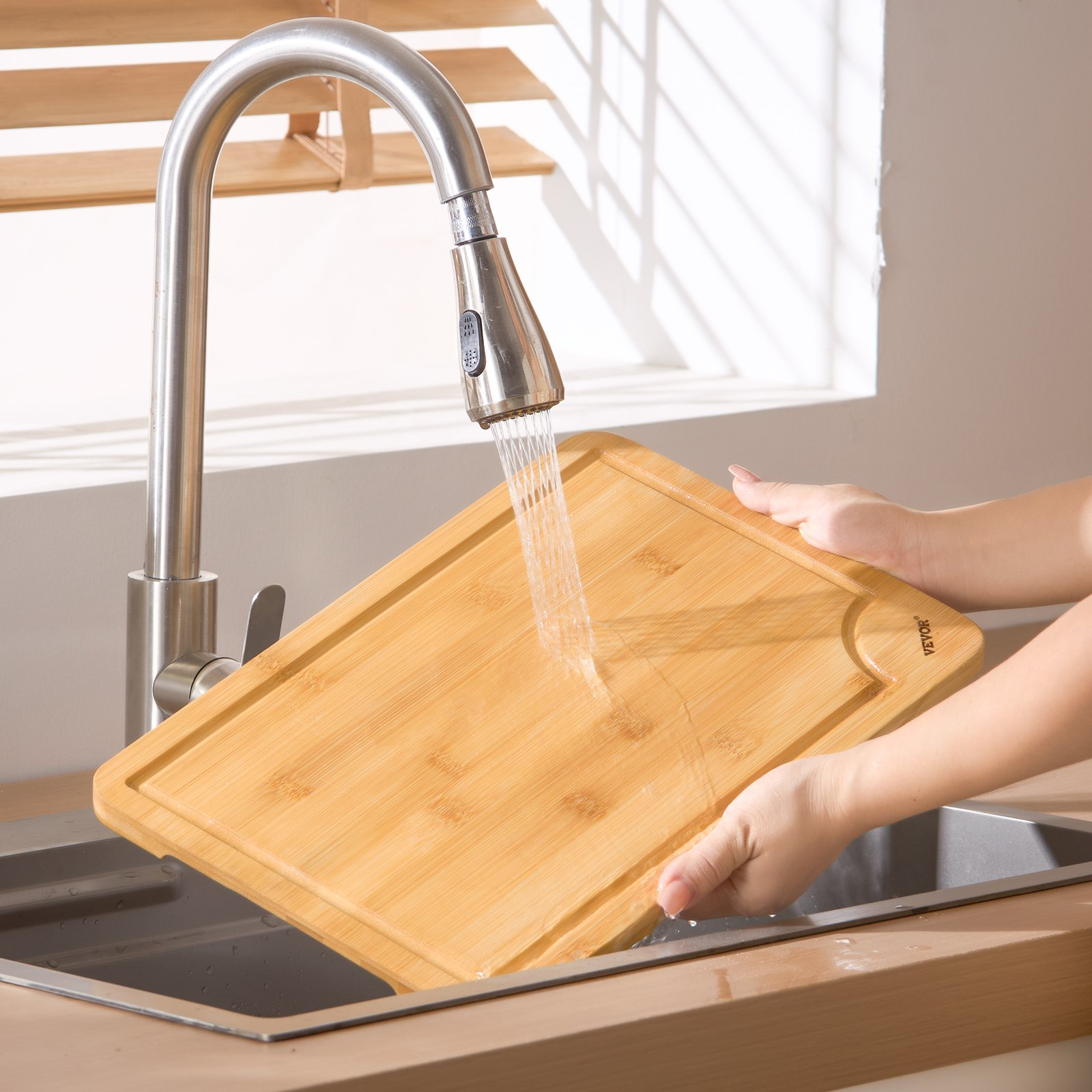 Start2Finish VEVOR 3-piece bamboo cutting board set with juice groove, built-in handle, durable and versatile for chopping and serving.