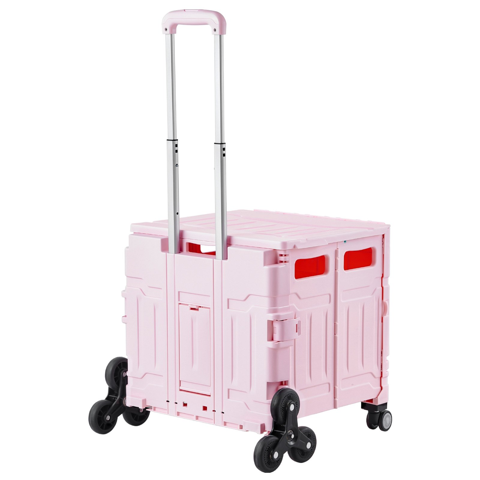Pink VEVOR foldable utility cart with telescoping handle, stair climbing and swivel wheels, used for shopping, moving, or office tasks.