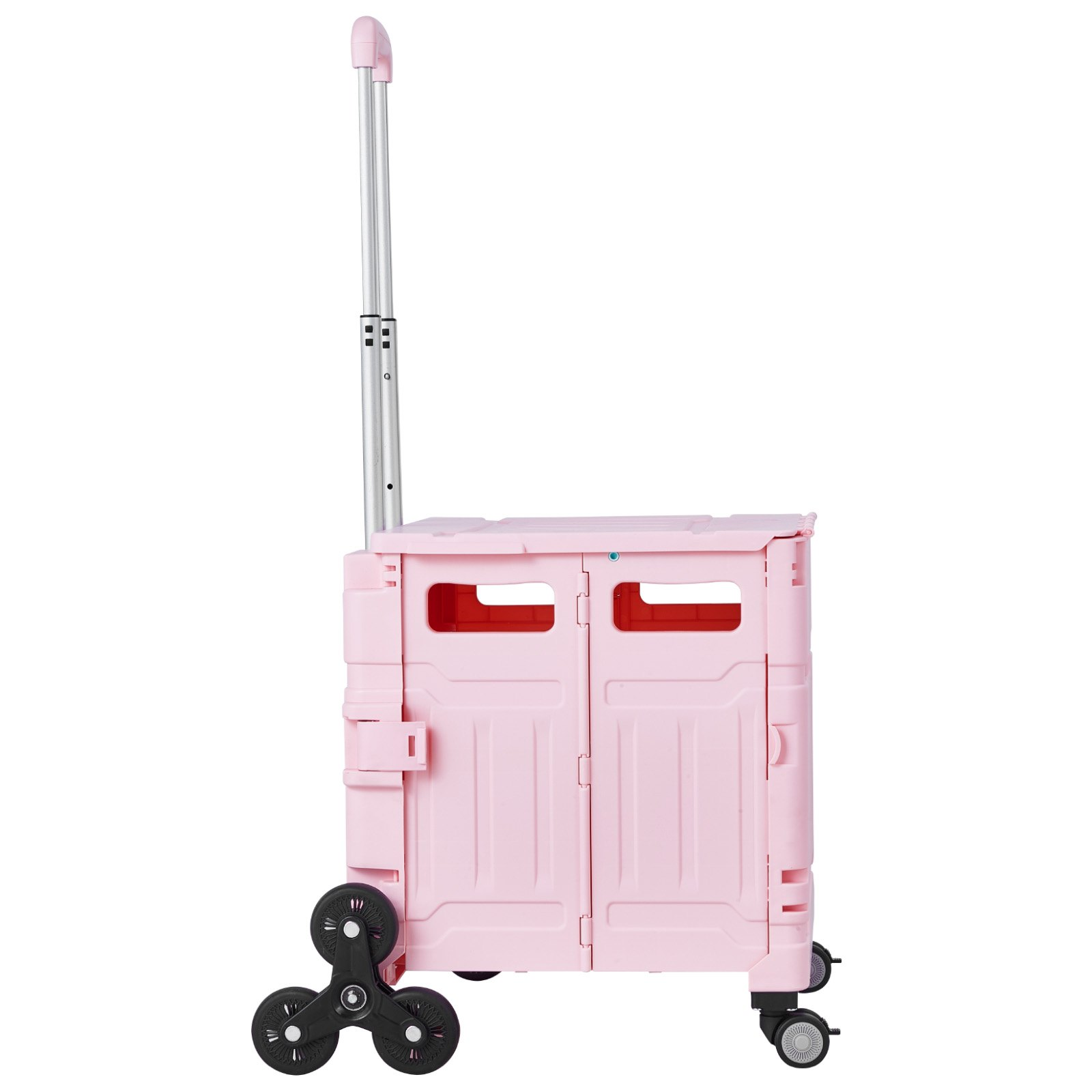Pink VEVOR foldable utility cart with stair climbing wheels, 360° swivel wheels, telescoping handle, ideal for shopping and moving.