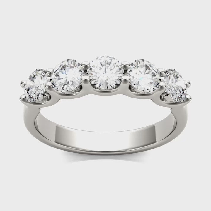 Round lab-grown diamond five-stone anniversary band in 14K white gold over sterling silver, showcasing sparkling E/F-VS diamonds.