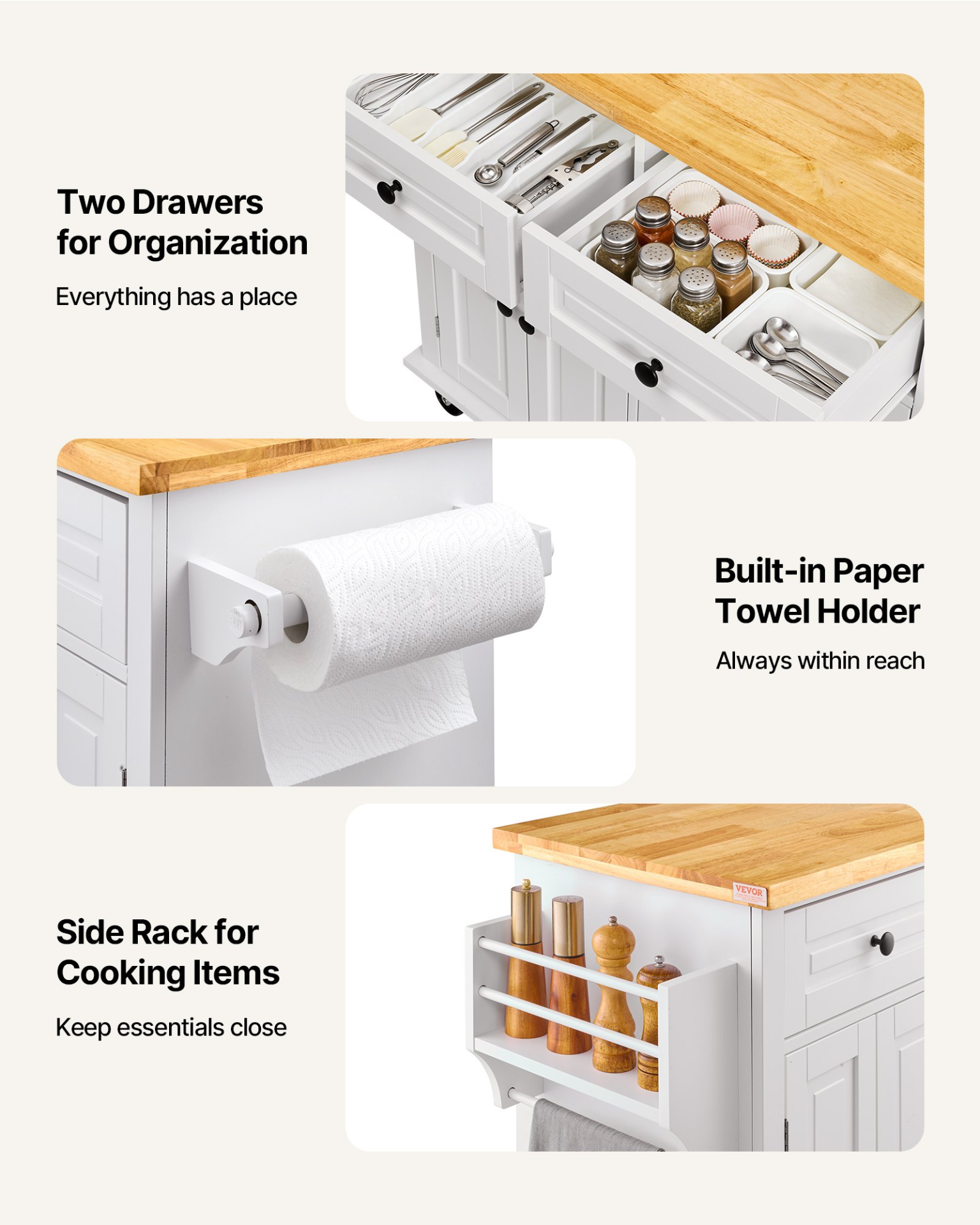 Start2Finish VEVOR kitchen island cart with solid wood top, storage cabinet, spice rack, towel rack, drawer, on wheels in white