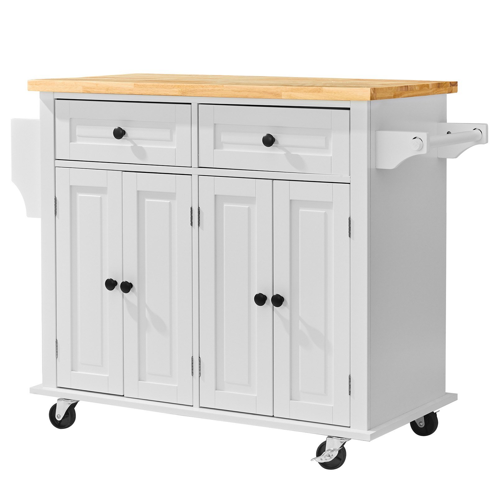 Start2Finish VEVOR kitchen island cart with solid wood top, storage cabinet, spice rack, towel rack, drawer, white mobile kitchen table