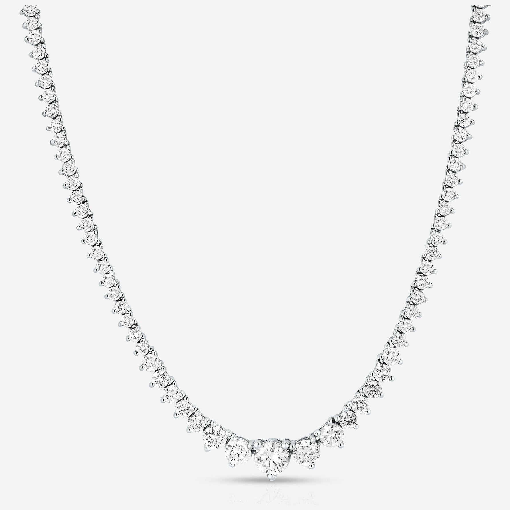 Created Moissanite tennis necklace with 15 carats, G-H color, SI clarity, featuring graduated round stones on a silver chain.