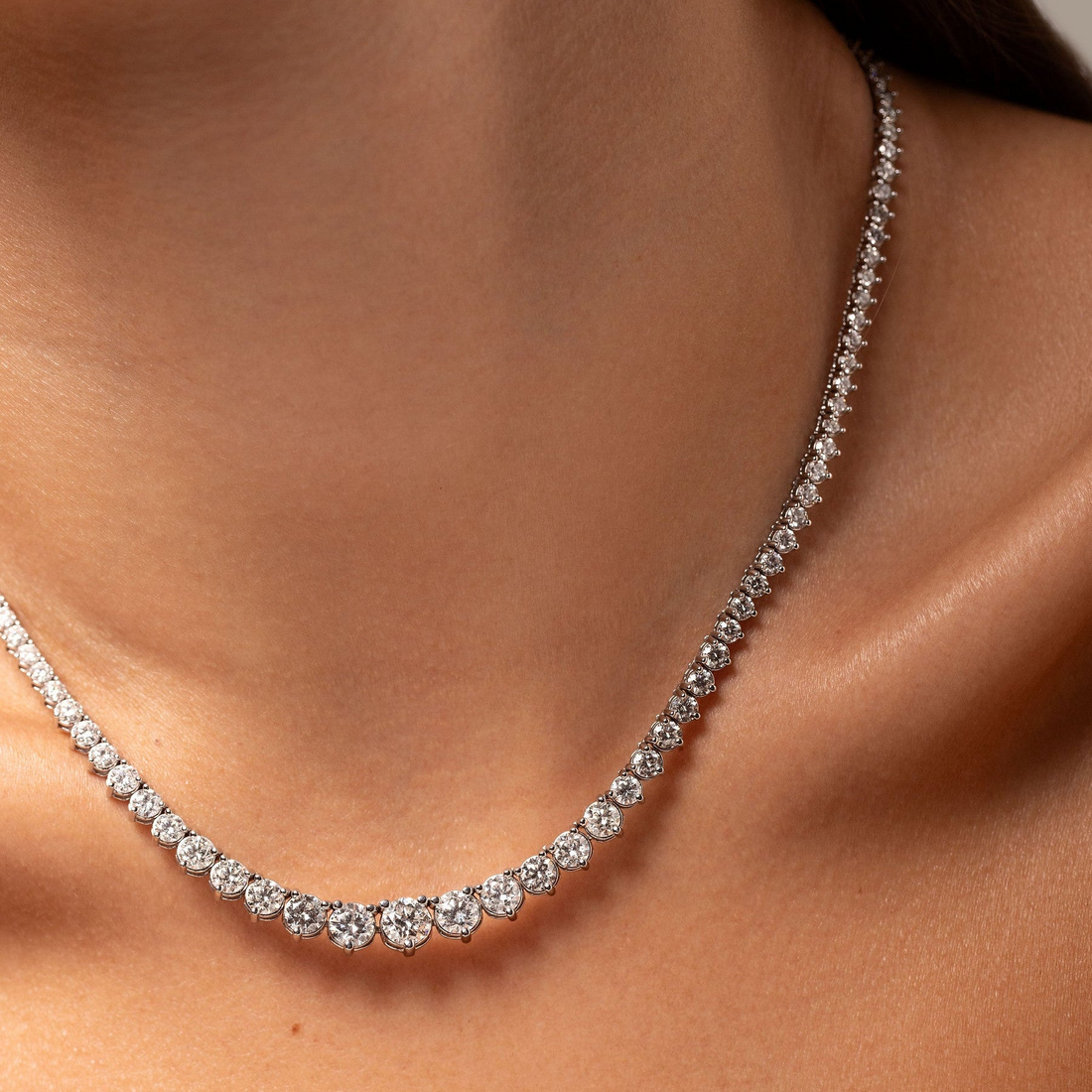 Start2Finish 15 CTW created Moissanite graduated tennis necklace with G-H color and SI clarity, showcasing sparkling gemstone design.