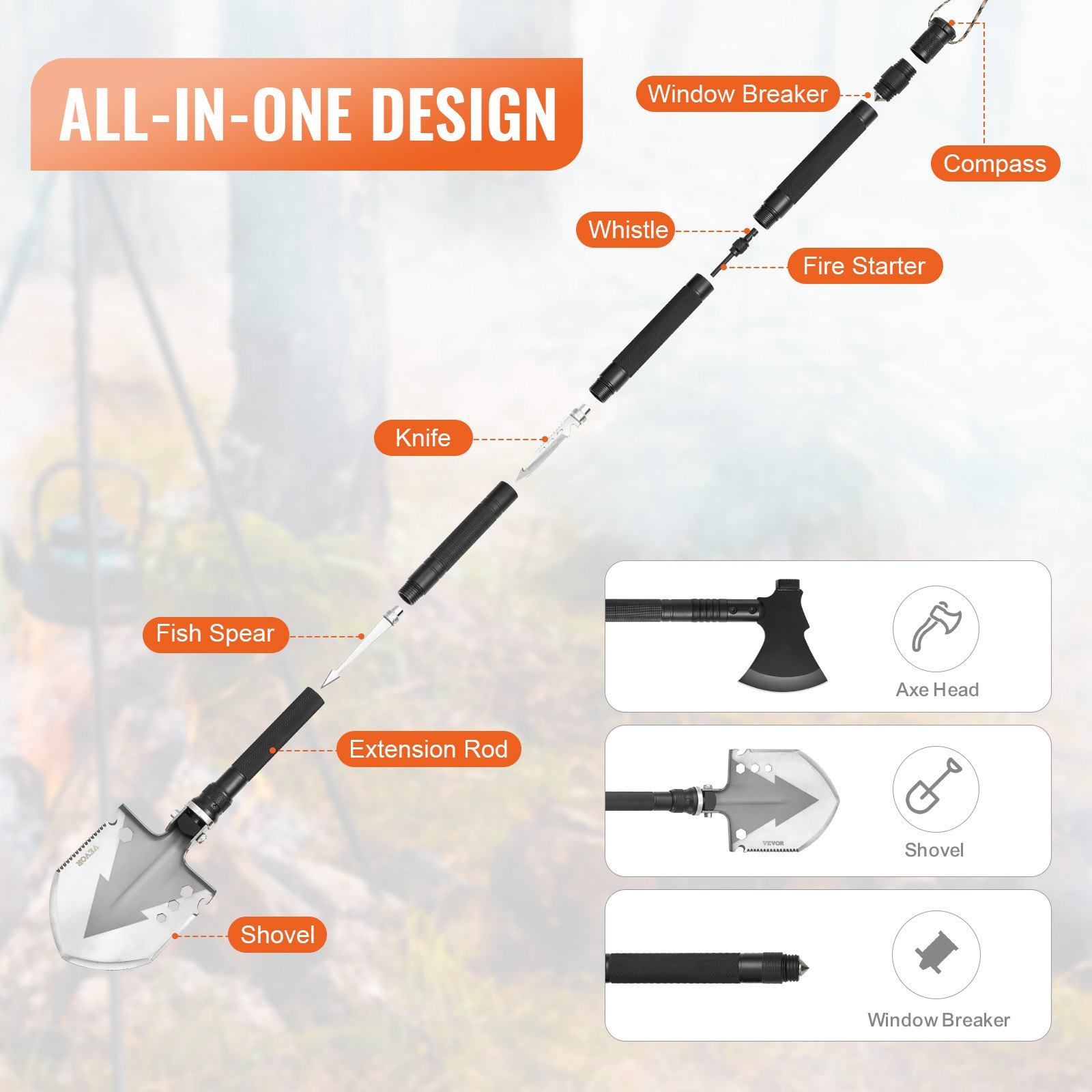 Start2Finish VEVOR survival shovel and axe combo with folding design, stainless steel, ideal for camping, hiking, and emergency survival.