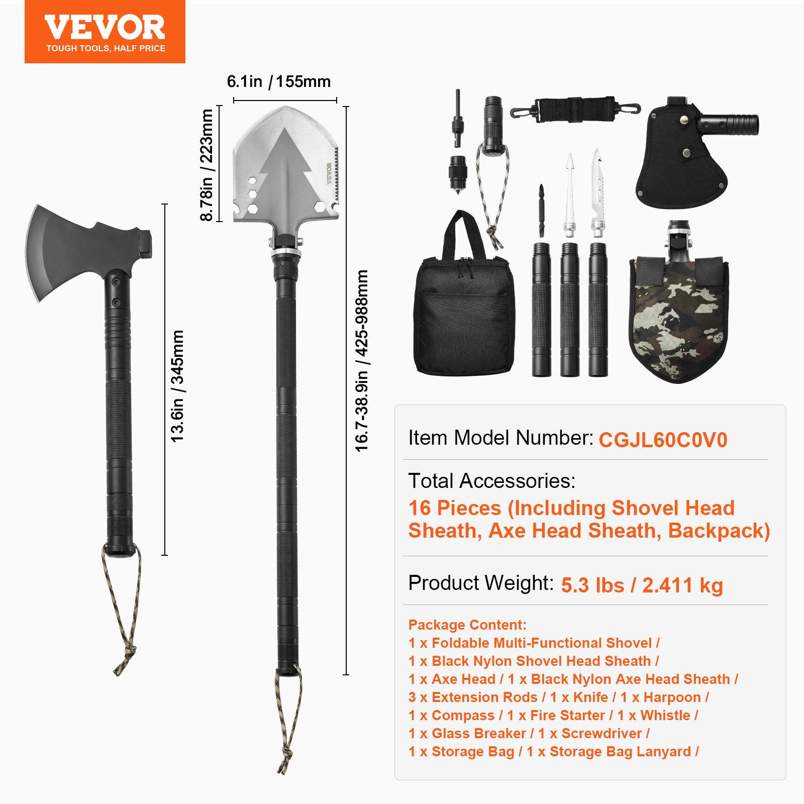 Start2Finish VEVOR survival shovel and axe combo with folding design, stainless steel construction, and multifunctional camping and hiking tools.