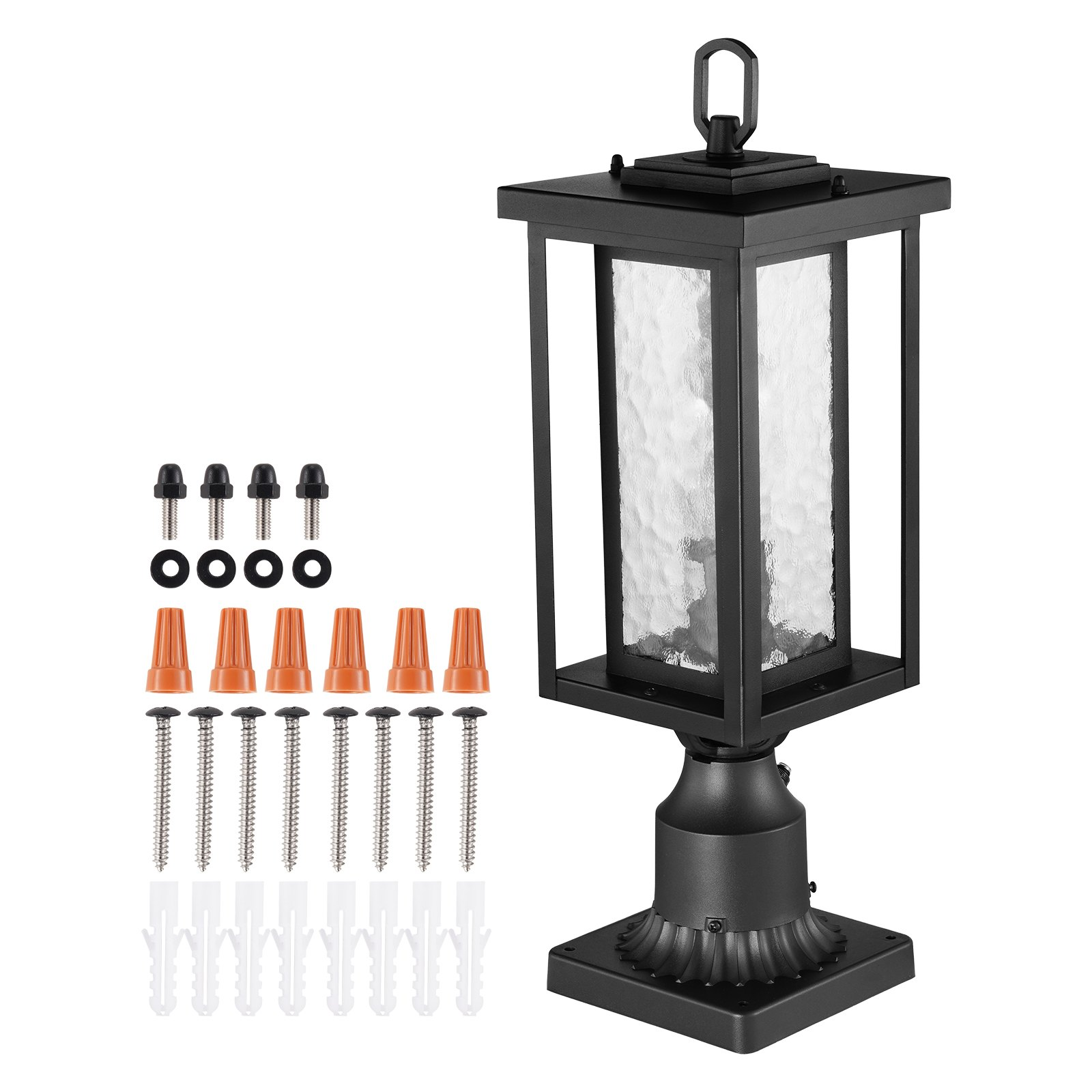 Start2Finish VEVOR 2-pack dusk to dawn outdoor post lights with glass shades, waterproof lamp fixtures for patio and garden lighting.