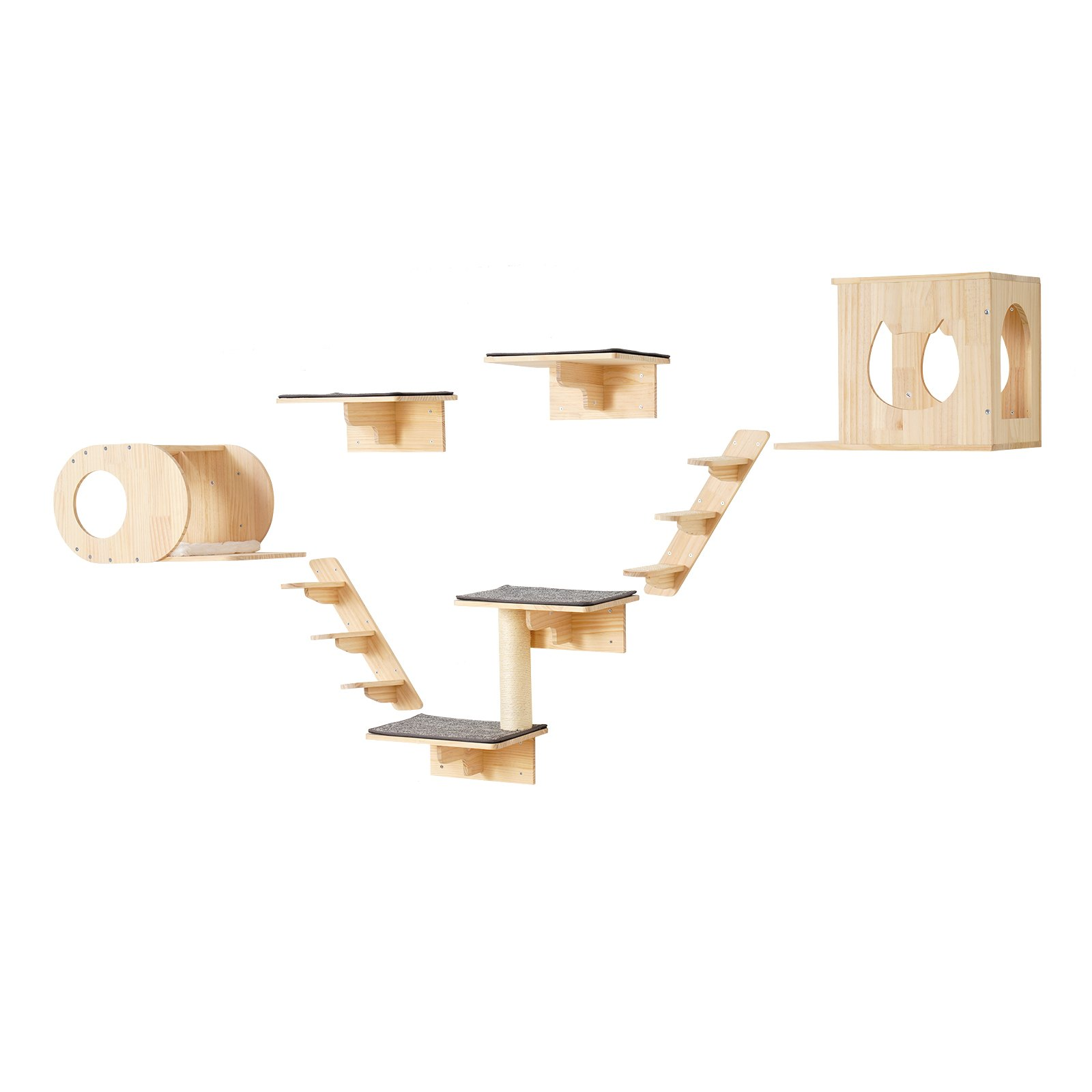 Start2Finish VEVOR wall-mounted cat shelves with jumping boards, beds, and hammocks for climbing, sleeping, and playing.