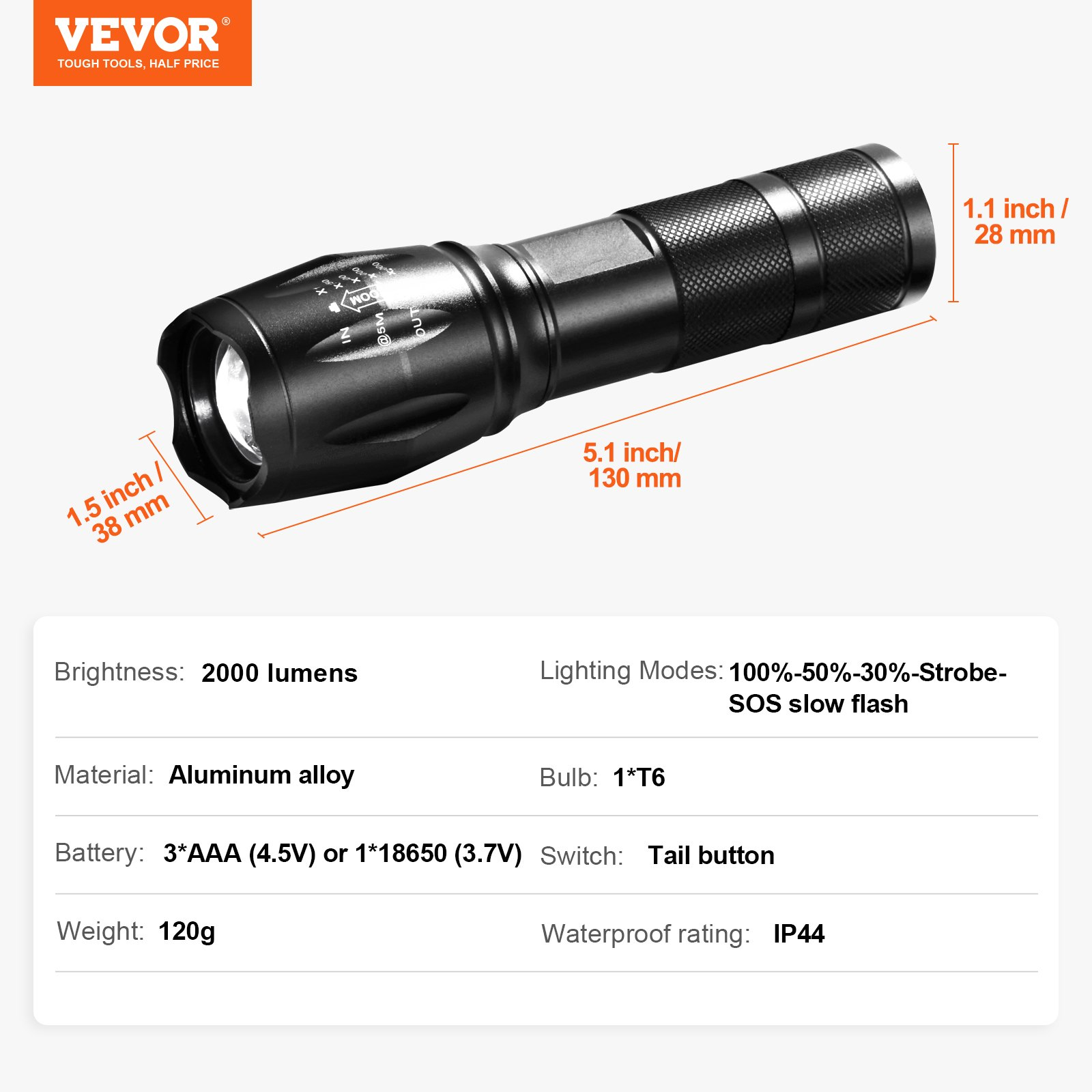 Start2Finish VEVOR 2-pack LED flashlights with 2000 lumens, adjustable focus, waterproof, handheld for camping, hiking, and emergencies.