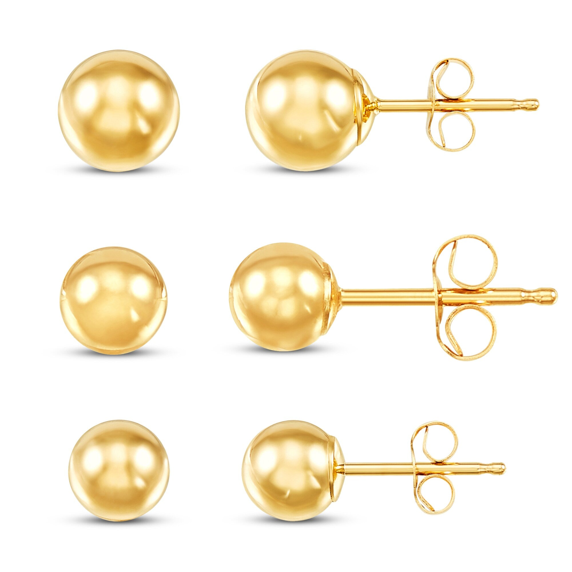14K yellow gold ball stud earrings set with 4mm, 5mm, and 6mm sizes, featuring friction backs for secure wear.