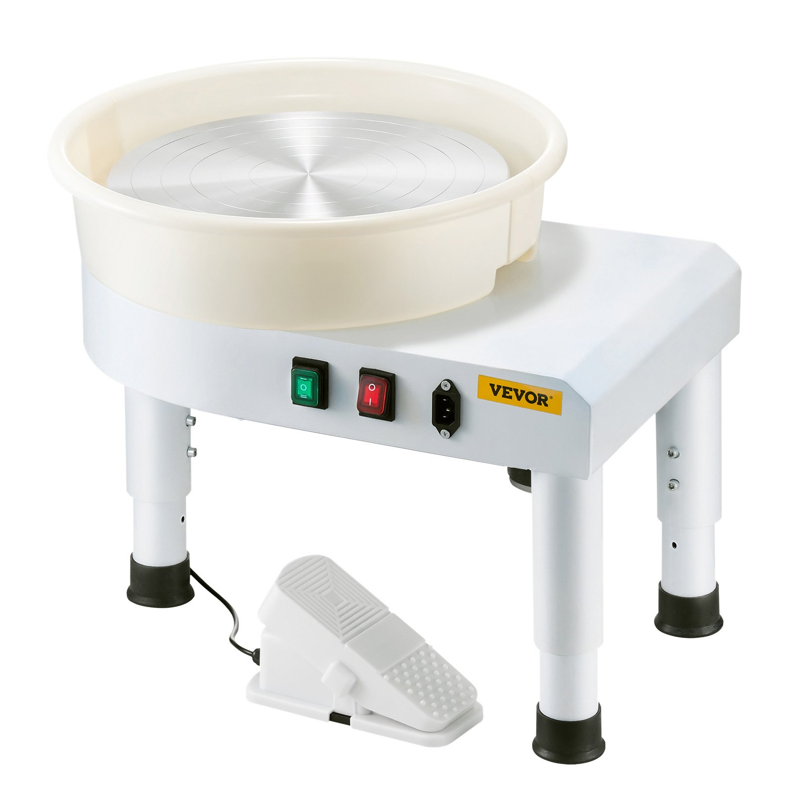 Start2Finish VEVOR pottery wheel with 14-inch ceramic wheel, adjustable speed, foot pedal, detachable basin, and adjustable lift leg.