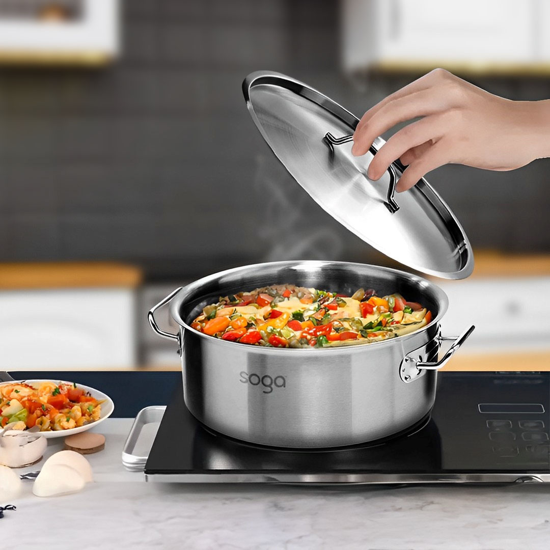 Start2Finish SOGA 2.38-gallon stainless steel stockpot with thick 18/10 construction, suitable for home cooking and large batches.