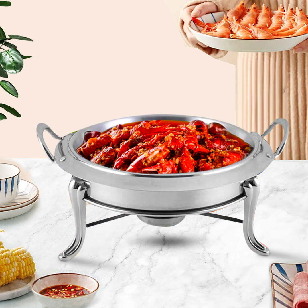 Start2Finish SOGA stainless steel round buffet chafing dish with glass lid, food warmer for catering or home use.