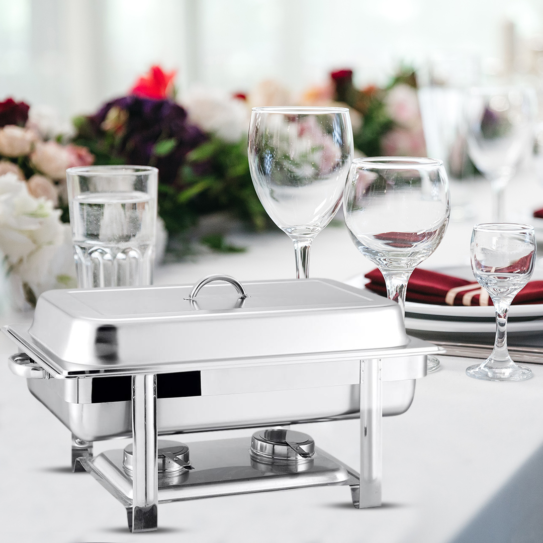 Start2Finish SOGA stainless steel double tray chafing dish with food warmer for catering and home use.