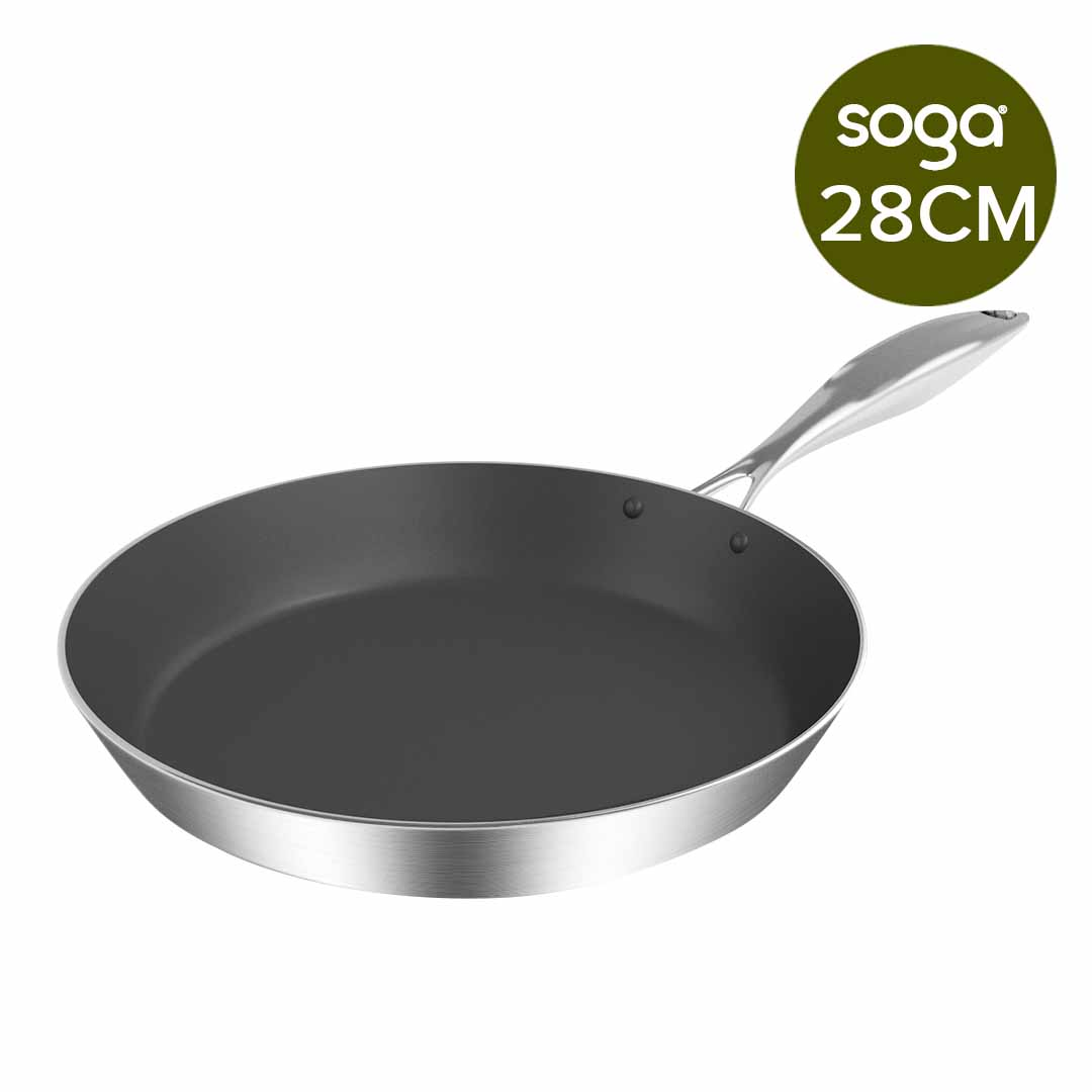 Start2Finish SOGA 10-inch stainless steel fry pan with non-stick interior, suitable for induction cooking, shown on a stovetop.