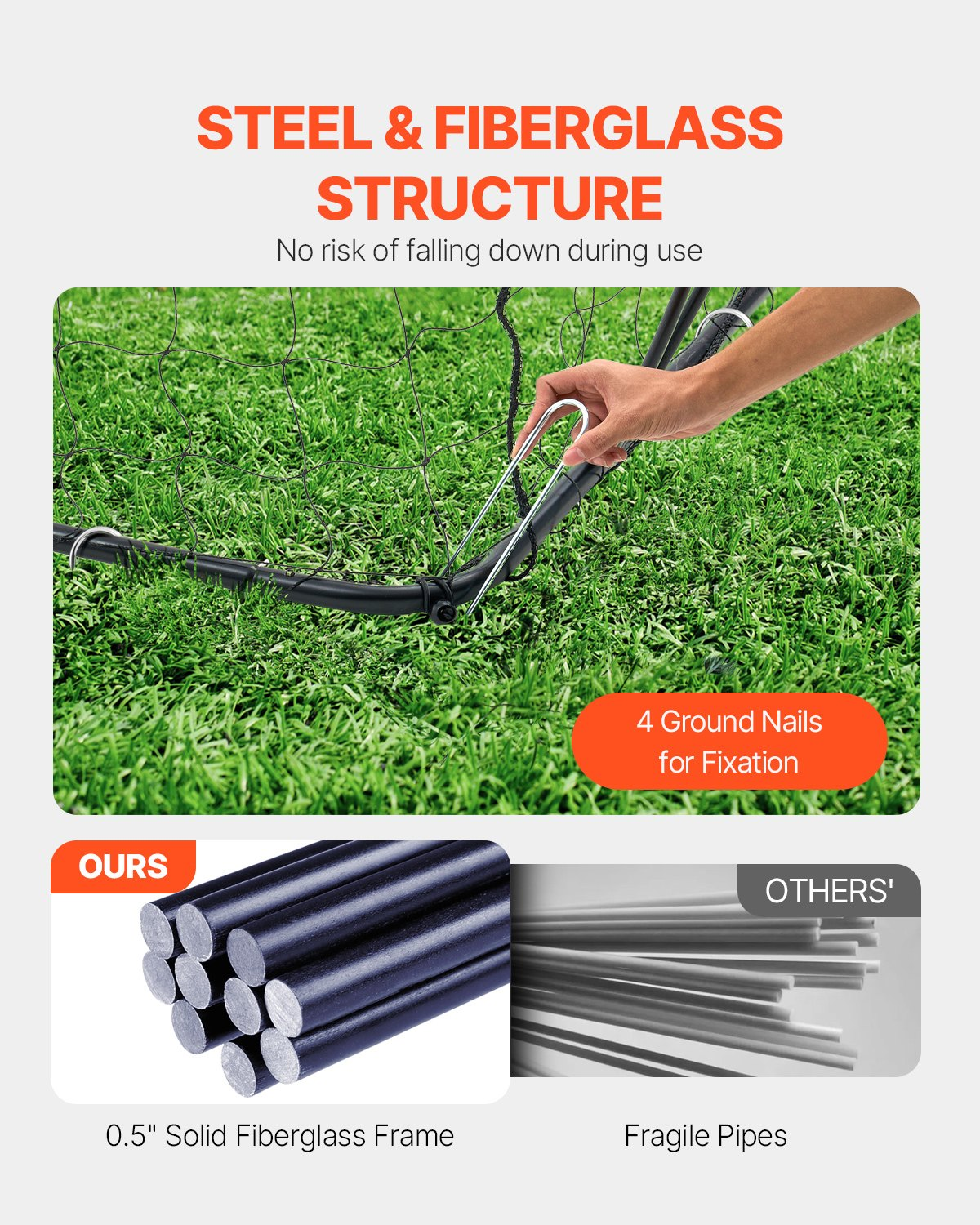 Start2Finish VEVOR 12x6 ft portable soccer goal with orange steel and fiberglass frame, outdoor practice net with carry bag.