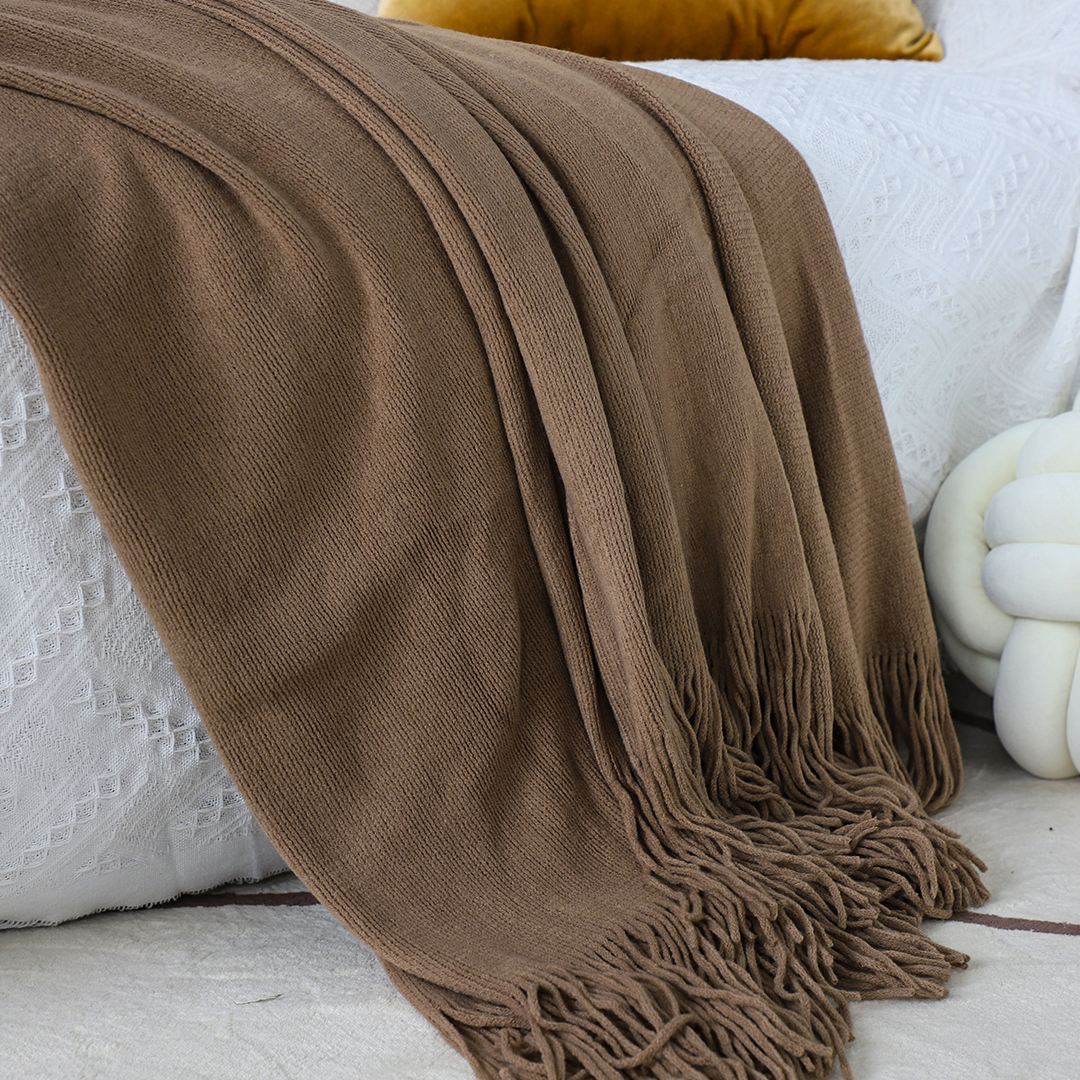 SOGA acrylic knitted throw blanket by Start2Finish with fringe, solid color, cozy woven cover for couch or bed home decor.