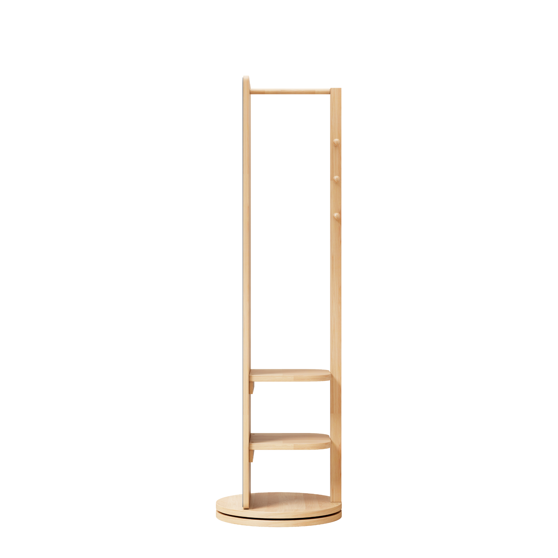 Start2Finish rotating full-length rubber wood mirror with coat rack, 360° rotation, natural wood finish for bedroom or entryway.