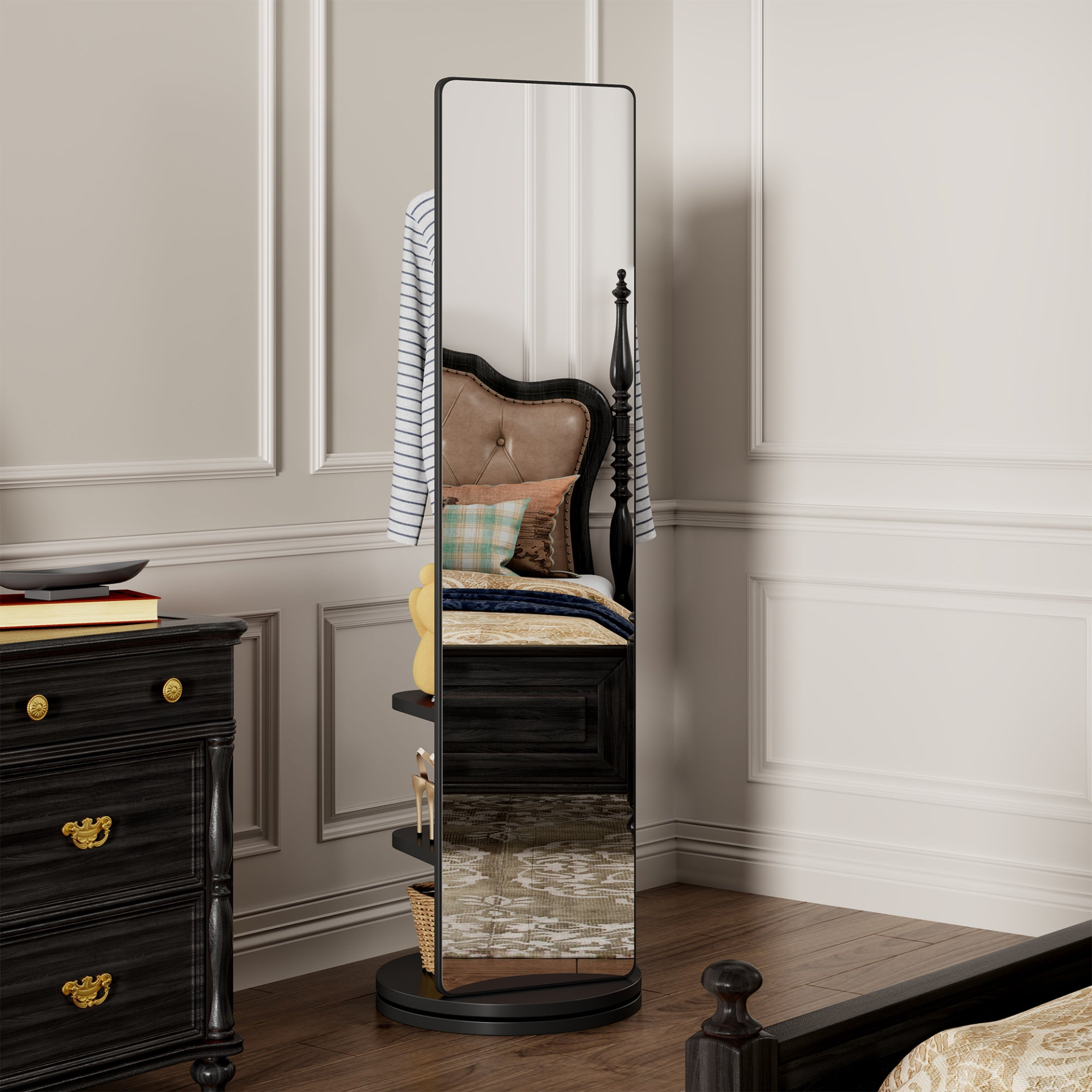 Start2Finish rotating full-length mirror with coat rack, natural rubber wood, 360° rotation, ideal for bedroom, entryway, dressing area