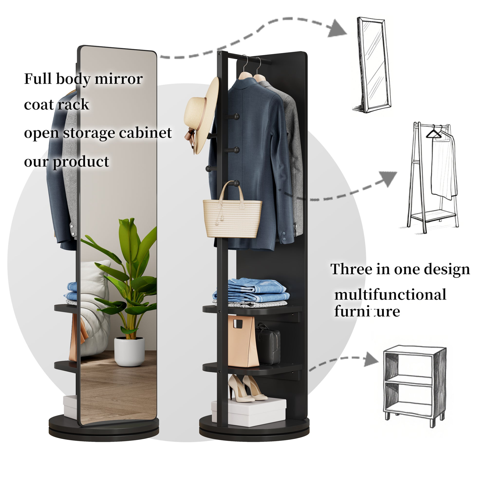 Start2Finish rotating full-length mirror with coat rack, rubber wood frame, natural finish, 360° rotation for bedroom or entryway.