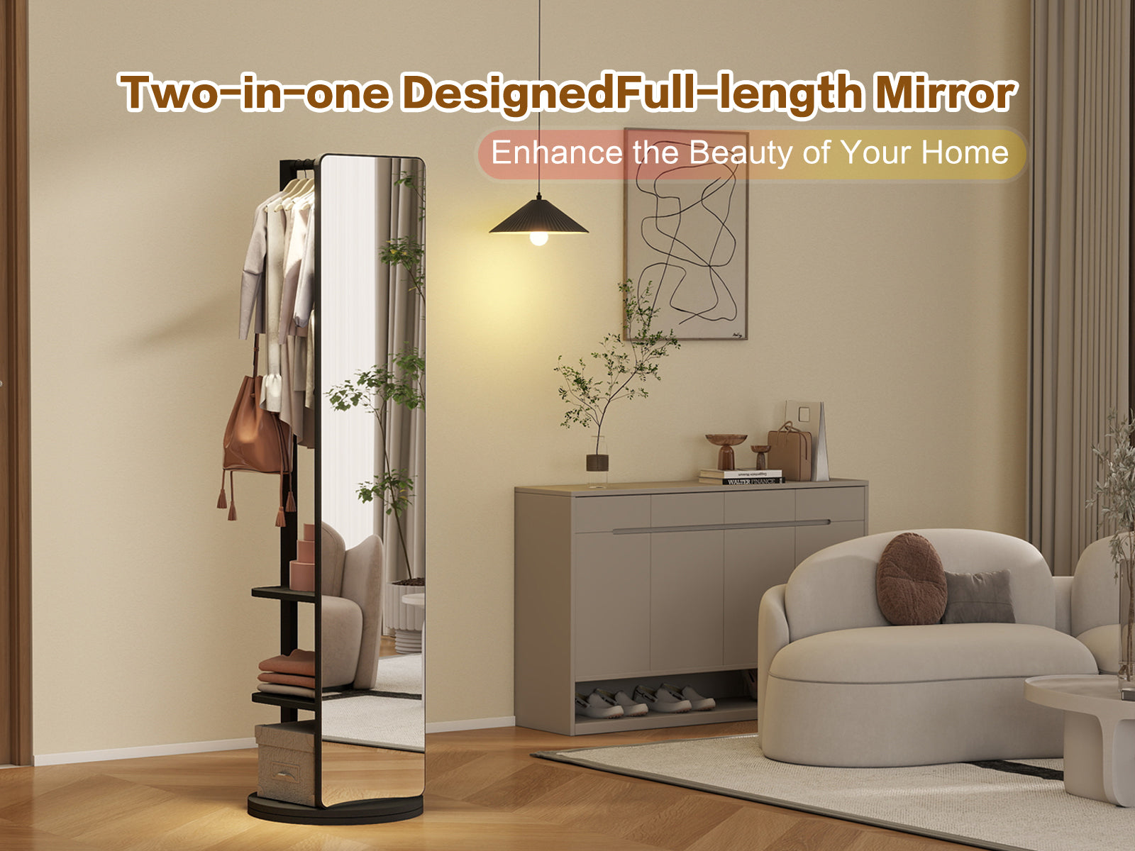 Full-length rotating mirror with coat rack, natural rubber wood, 360° rotation, ideal for bedroom or entryway storage and dressing areas.