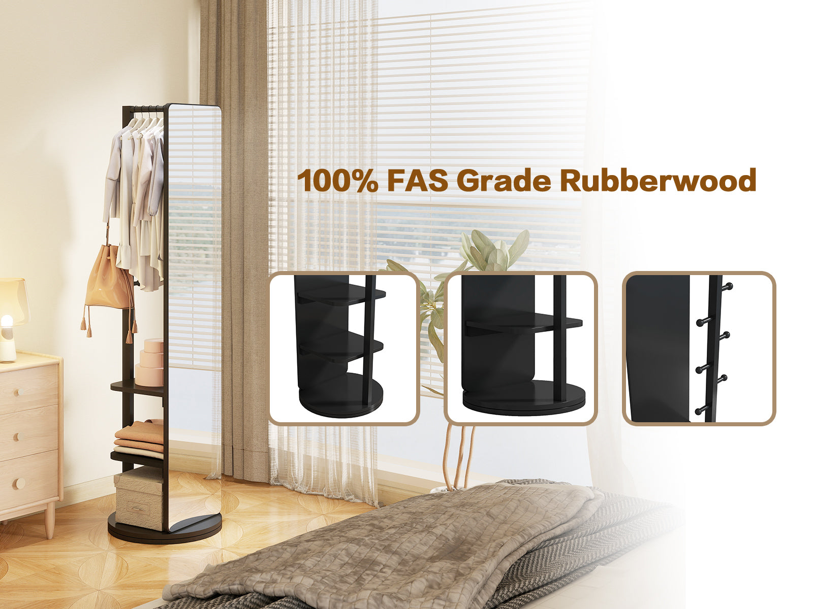 Natural wood full-length mirror with 360° rotation, coat rack, and storage for bedroom or entryway from Start2Finish.