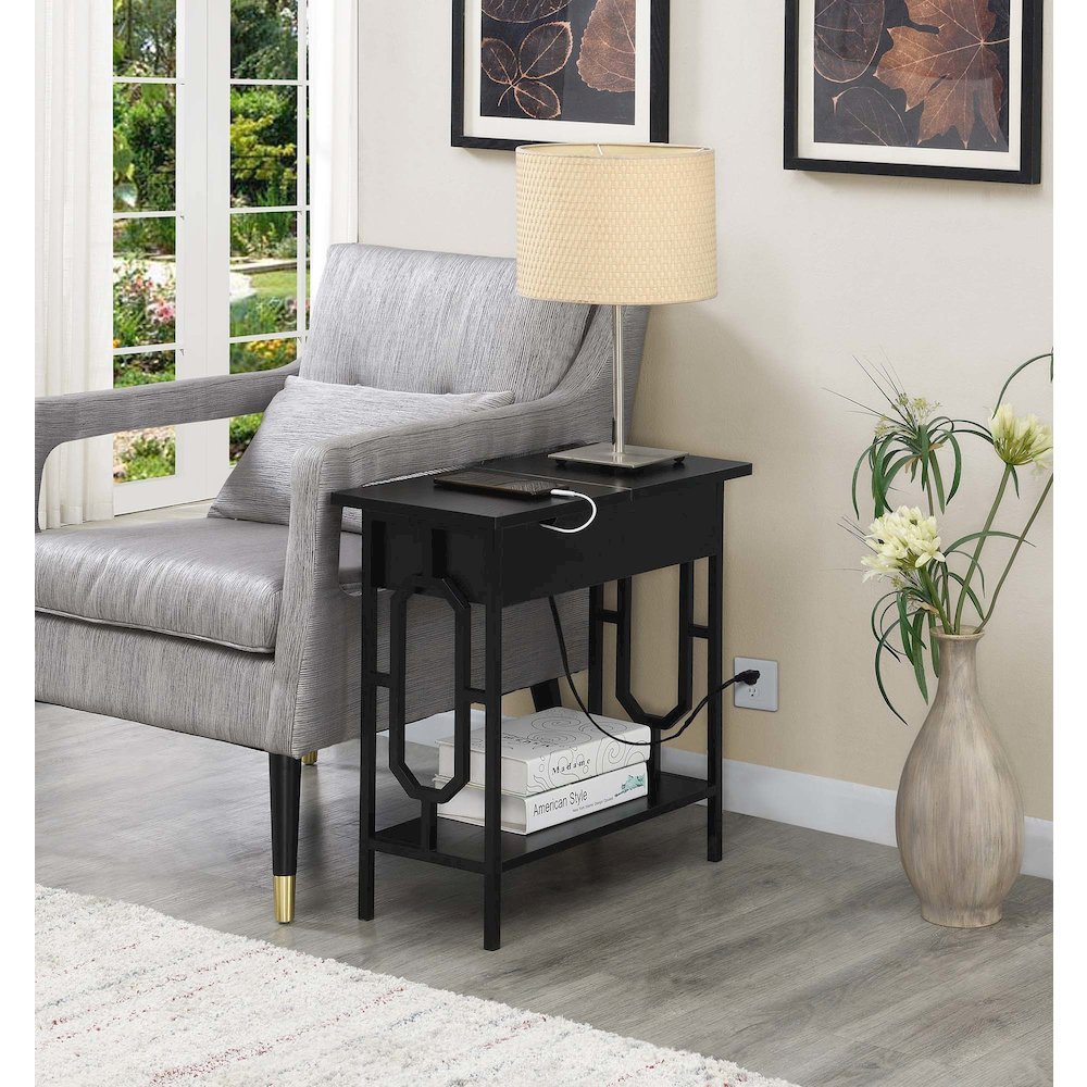Start2Finish Omega flip top end table with built-in charging station, featuring a sleek wood finish and versatile storage space.