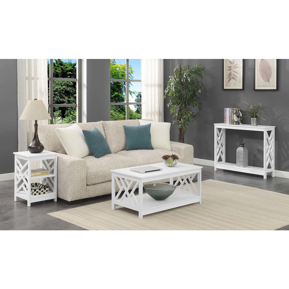 White Titan end table with shelves, modern furniture piece from Start2Finish showing a sleek design and open storage space.