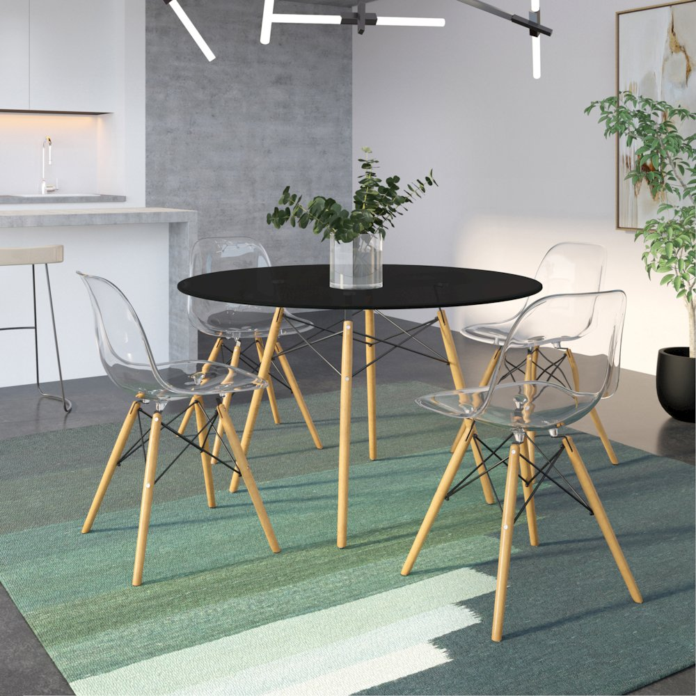 Dover round wooden dining table with natural wood Eiffel base by Start2Finish, showcasing a sleek wooden tabletop and stylish metal base.