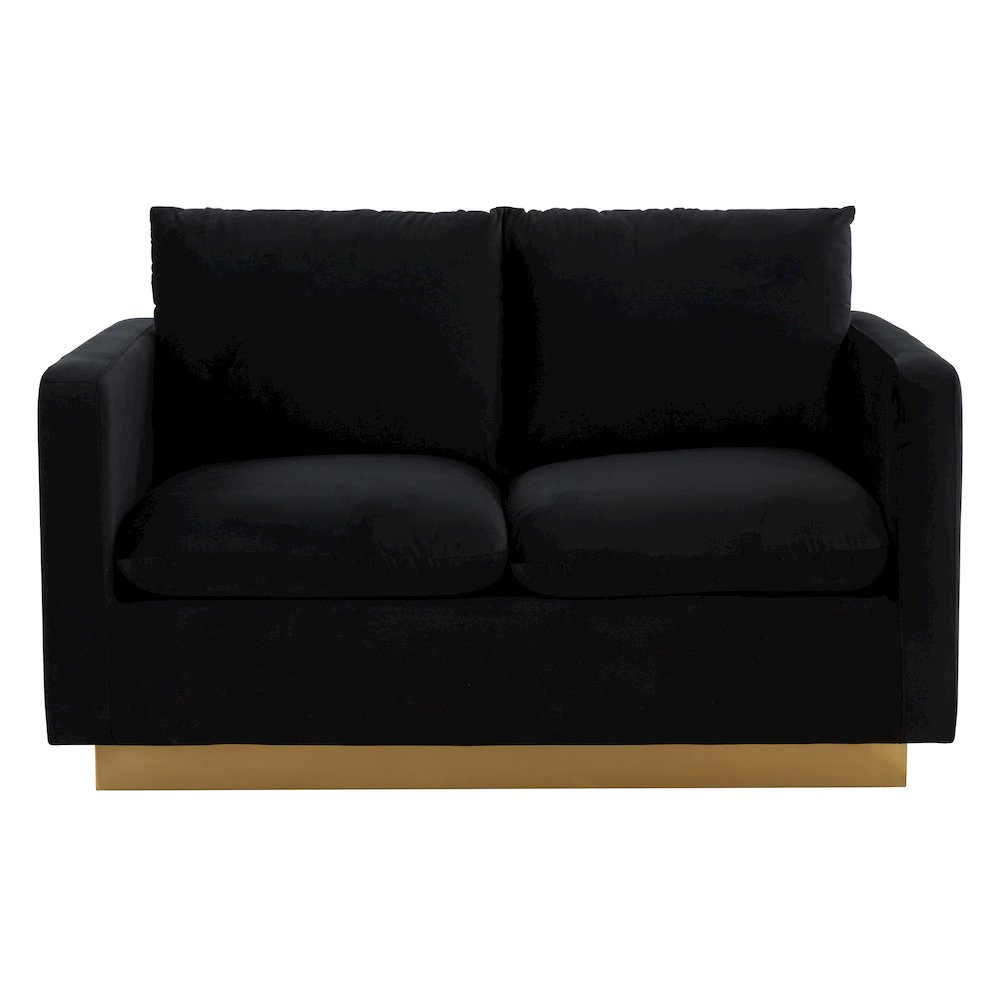 Nervo modern mid-century velvet loveseat with gold frame, upholstered in rich fabric, featuring sleek design and plush seating.