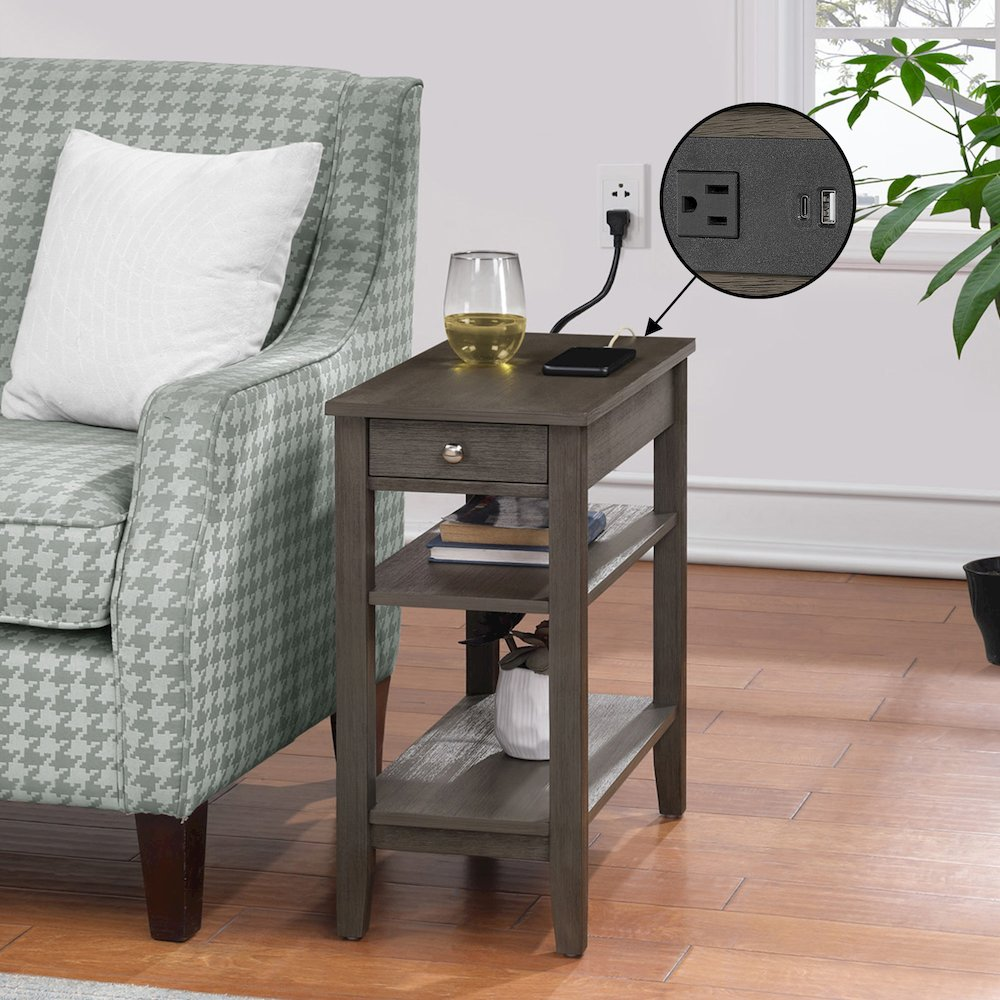 Start2Finish American Heritage chairside end table with one drawer, charging station, and shelves for convenient storage and charging.