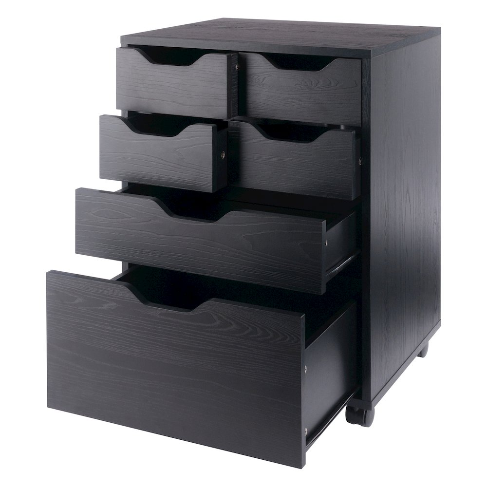 Black Finish Norfolk 4 Bins 2 Drawer Mobile Cabinet by Start2Finish showing storage bins, drawers, and casters for mobility.